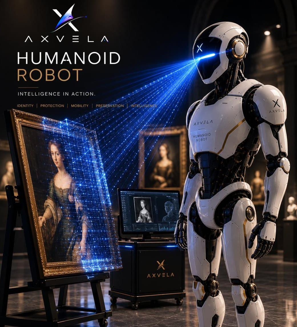 AXVELA Humanoid Robot — 미술관 환경에서 작품을 비접촉 스캔하는 휴머노이드. Identity, Protection, Mobility, Preservation, Intelligence.